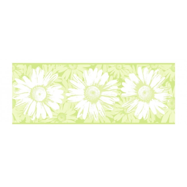White Contemporary Daisy on Lime Green with a Sheen Wallpaper Border