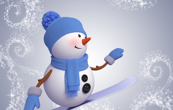 Wallpaper snowman 3d cute christmas new year snowman snowboard 596x380