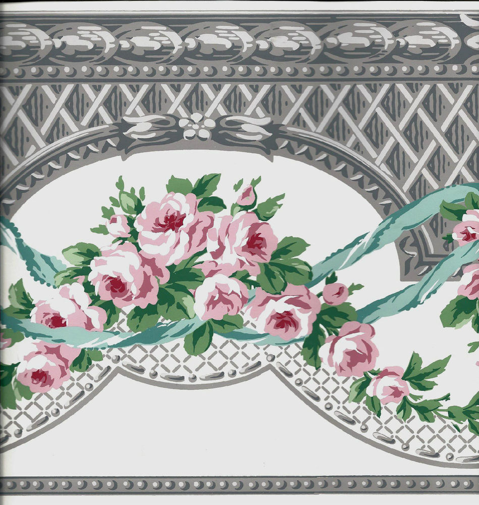 Victorian Pink Roses With Grey Architectural Design Wallpaper Border