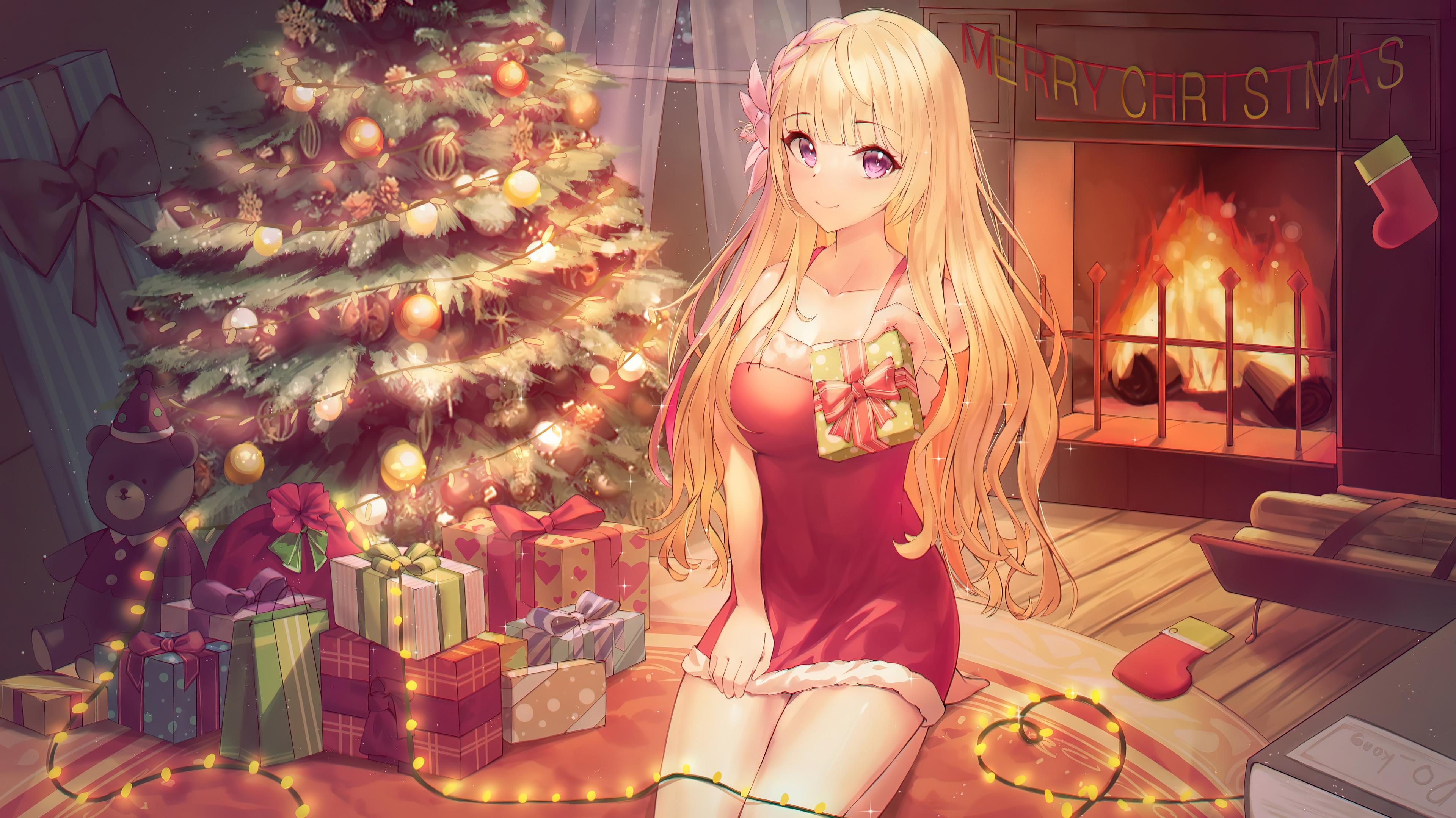 Christmas Tree Gifts Anime Girl 4K Wallpaper iPhone HD Phone 6080h