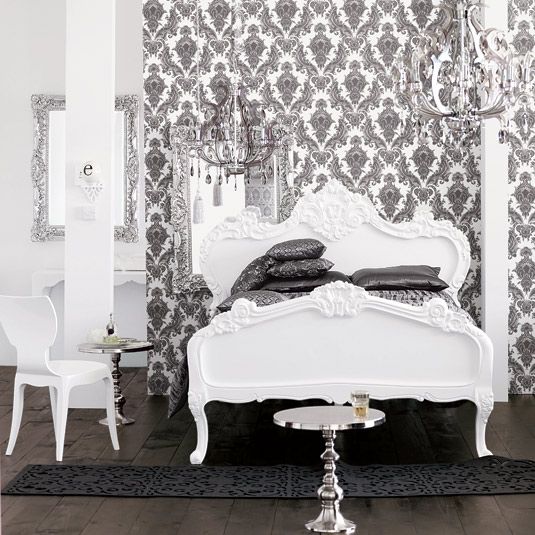 Black And White Bedroom Damask Wallpaper Chandelier Elaborate