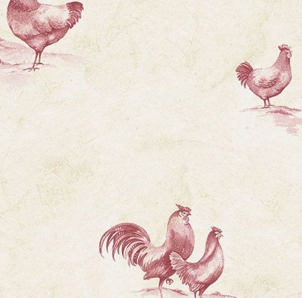 Wallpaper By The Yard Red Beige Rooster Toile Farmhouse Country French