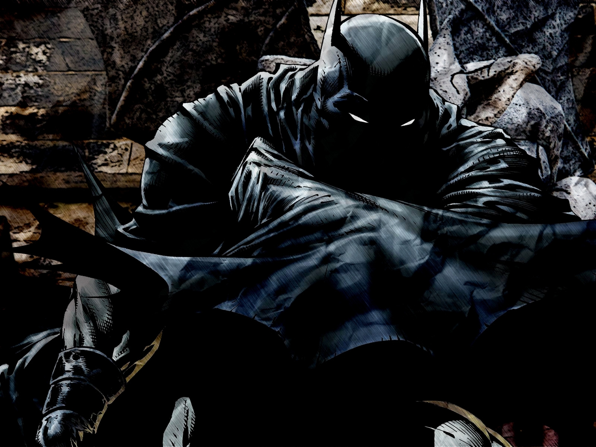 A brooding Batman in a dark, gritty artistic style, hunched over and seemingly contemplative. The image emphasizes the shadows and textures of his cape and cowl