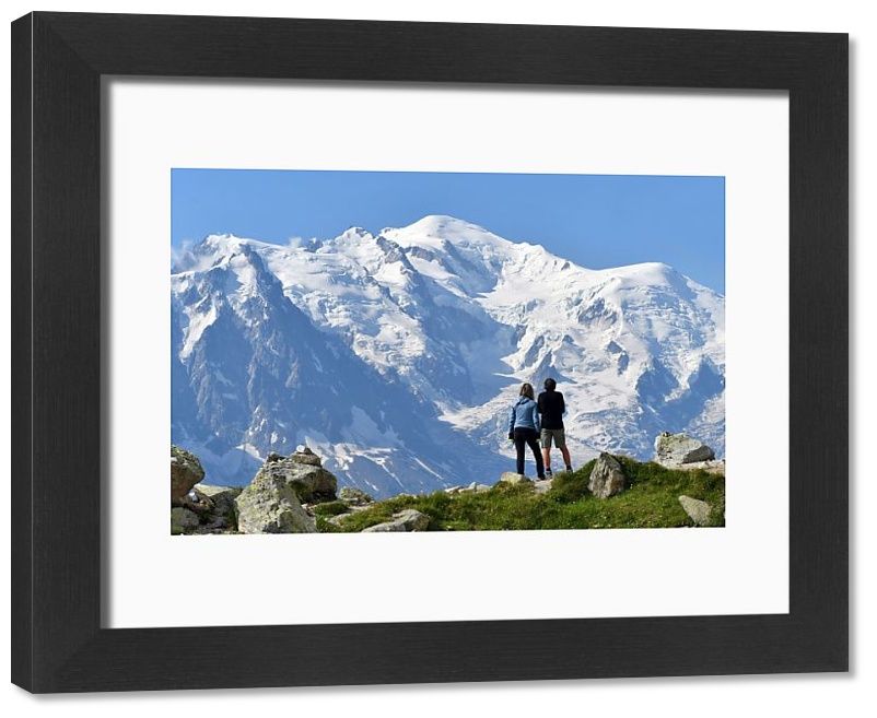 Print Of Trekkers With Mont Blanc Massif On Background Close To