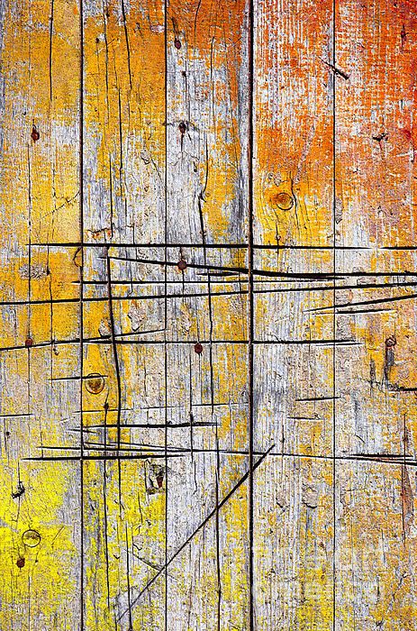 Background Of Cracked Old Wooden Wall With Orange And Yellow Paint