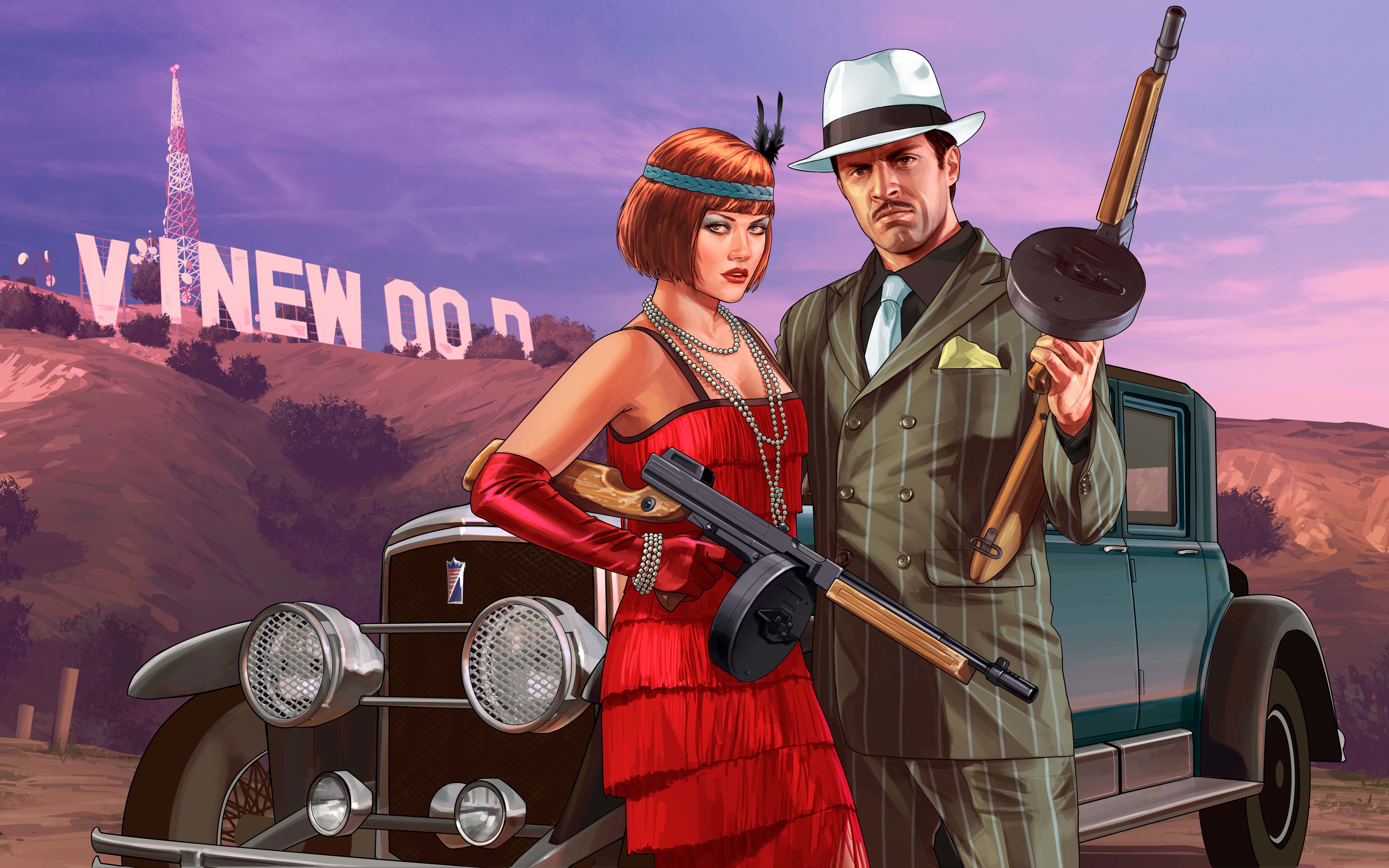 A man and a woman, dressed in 1920s attire, stand in front of a vintage car with the Vinewood sign in the background, in a promotional image for Grand Theft Auto