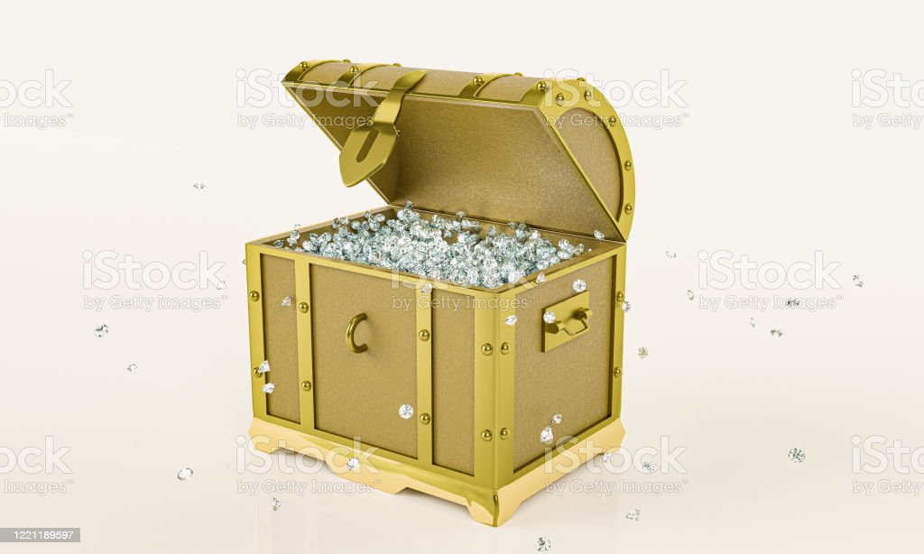 Many Diamonds In Golden Vintage Treasure Chest Use For Gem Storage