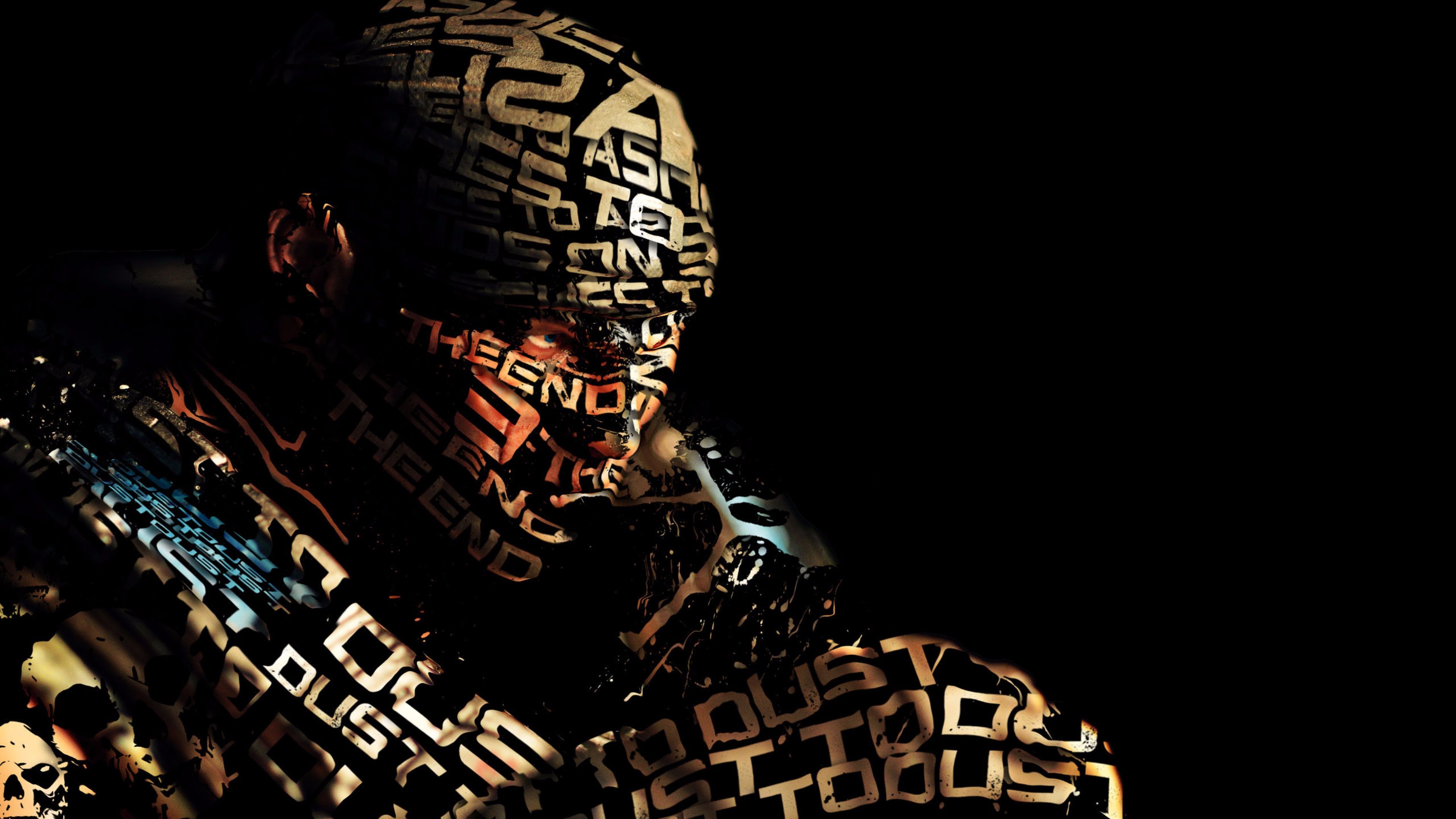 Abstract artwork featuring a person with words and phrases overlaid on their face and body, possibly referencing gaming themes