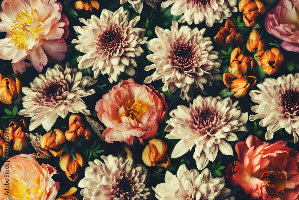 Vintage Bouquet Of Beautiful Flowers On Black Floral Background