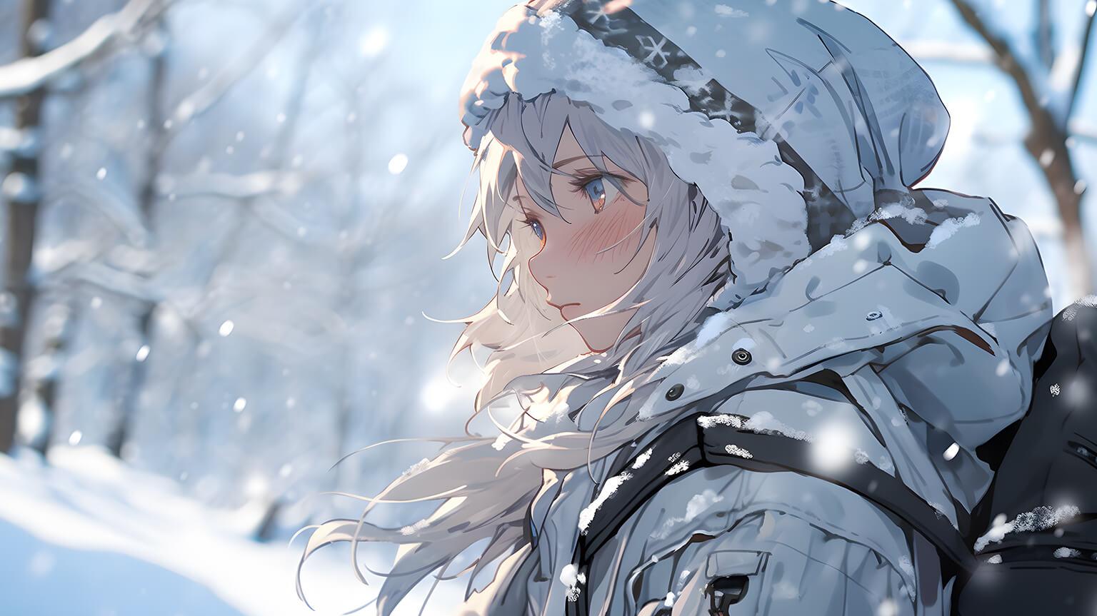 Cute Anime Girl Winter Forest Desktop Wallpaper