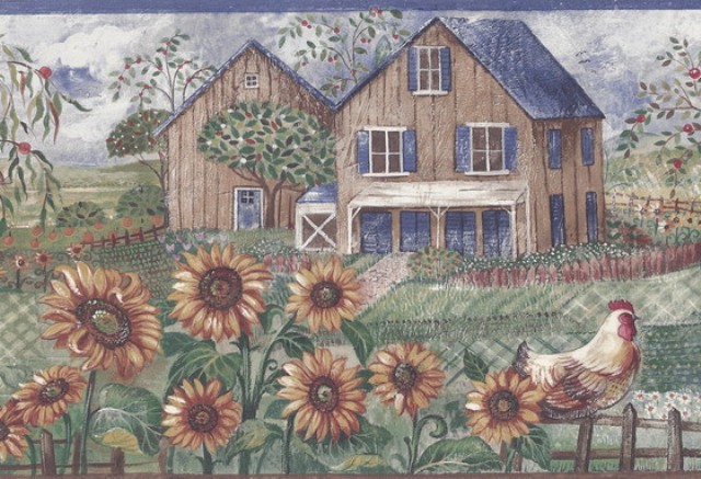 Blue Frontyard Sunflower Roosters Wallpaper Border Country Folk