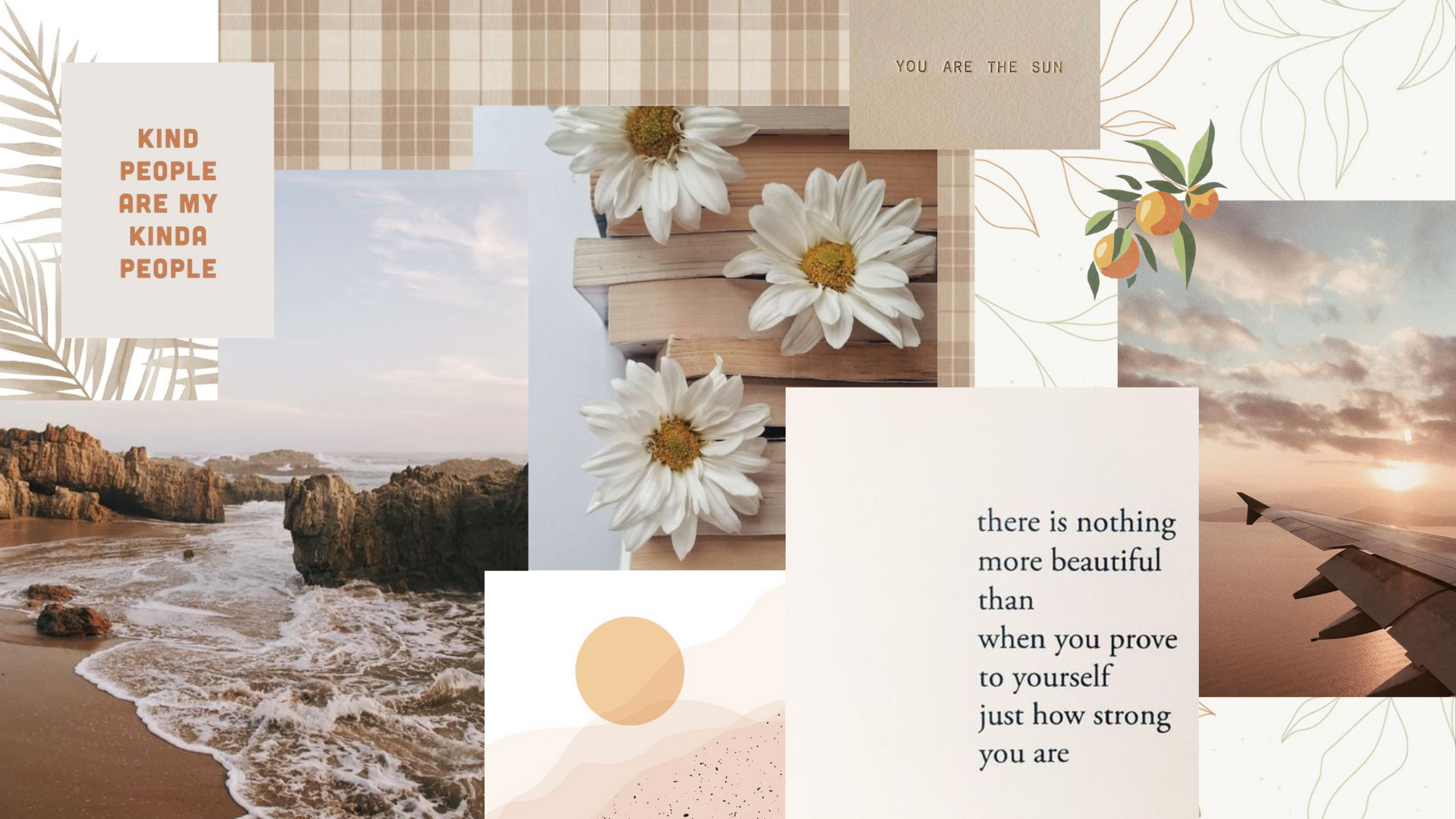 Aesthetic collage laptop wallpaper with inspirational quotes and calming imagery of nature, flowers, and travel