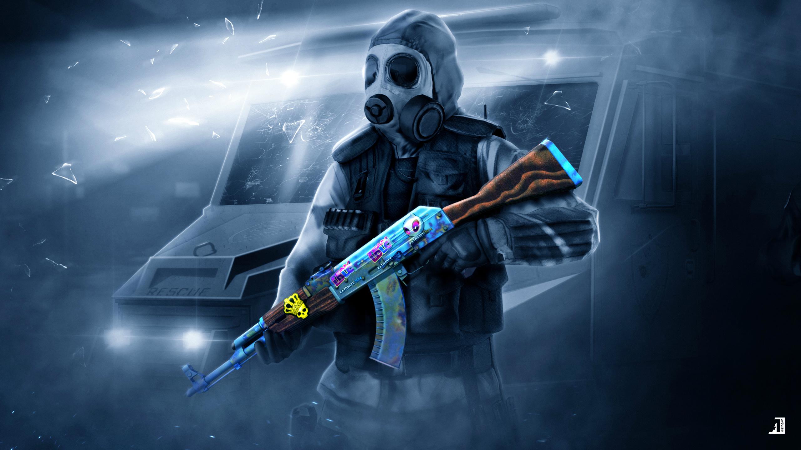 A Counter-Strike: Global Offensive operator wearing a gas mask and holding a custom-skinned AK-47, with a broken window of a rescue vehicle in the background