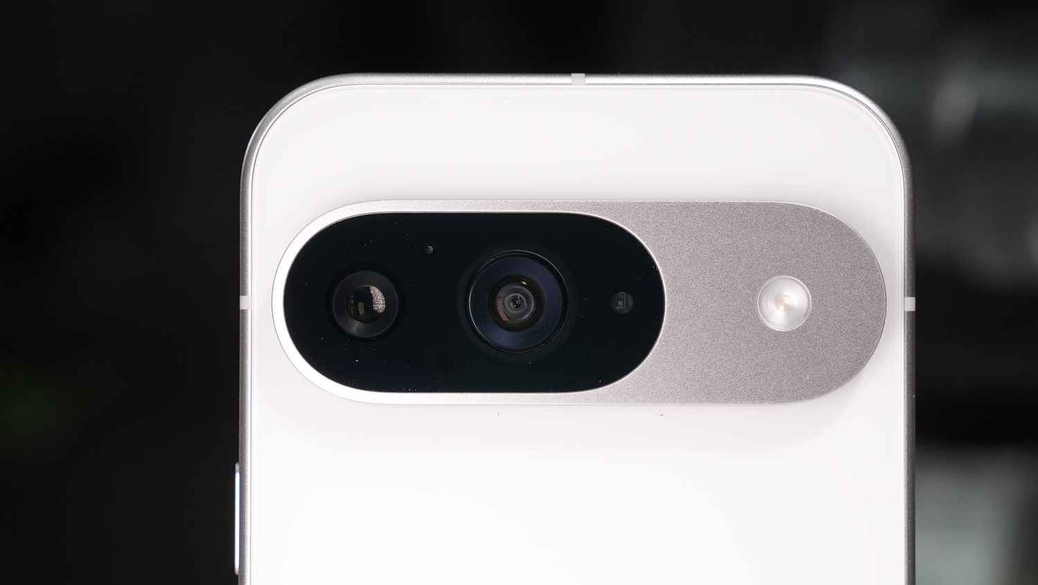 Close-up of the Google Pixel 9 camera module, showcasing its dual-lens setup and LED flash