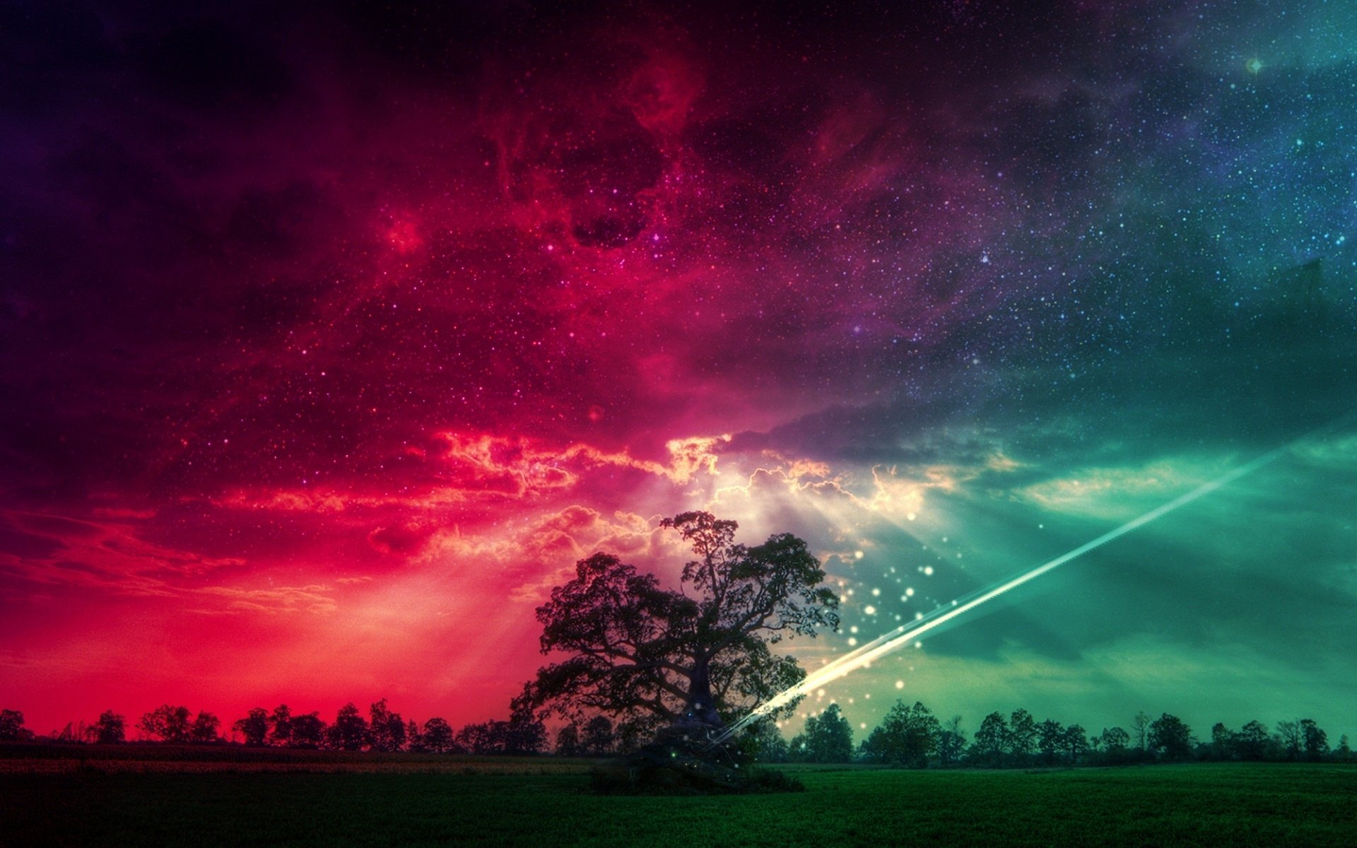 A breathtaking landscape wallpaper featuring a lone tree silhouetted against a vibrant sunset sky, with a shooting star streaking across a blend of pink and green hues