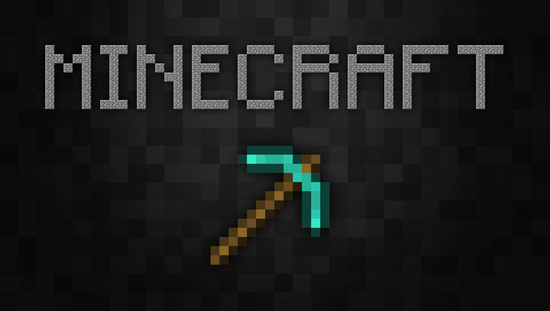A pixelated diamond pickaxe against a dark Minecraft background, with the game title 'Minecraft' rendered in stone block letters. A humorous take on the game's iconic tool and visual style