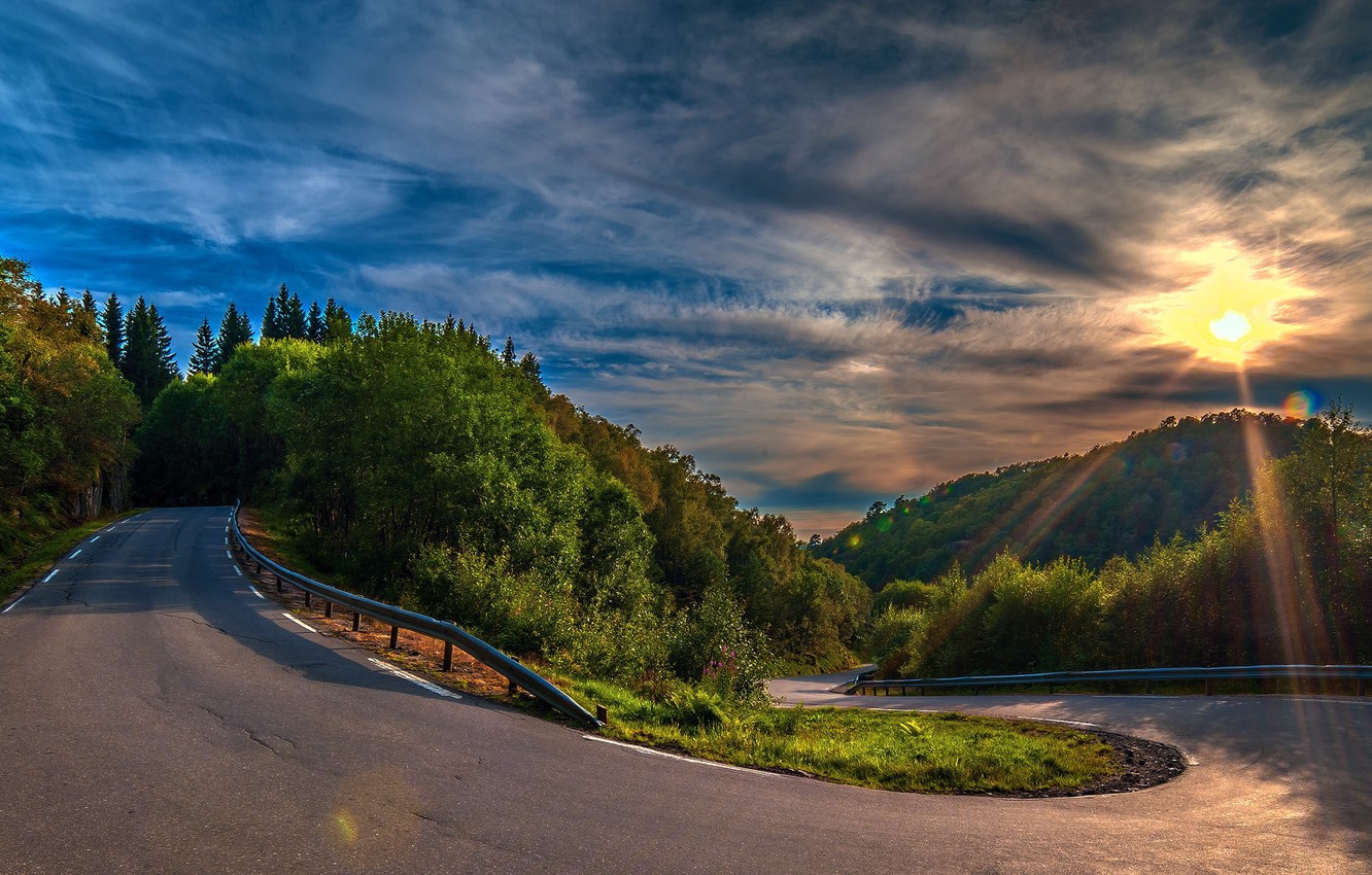 Wallpaper Road Forest Asphalt Clouds Trees Sunset Hills