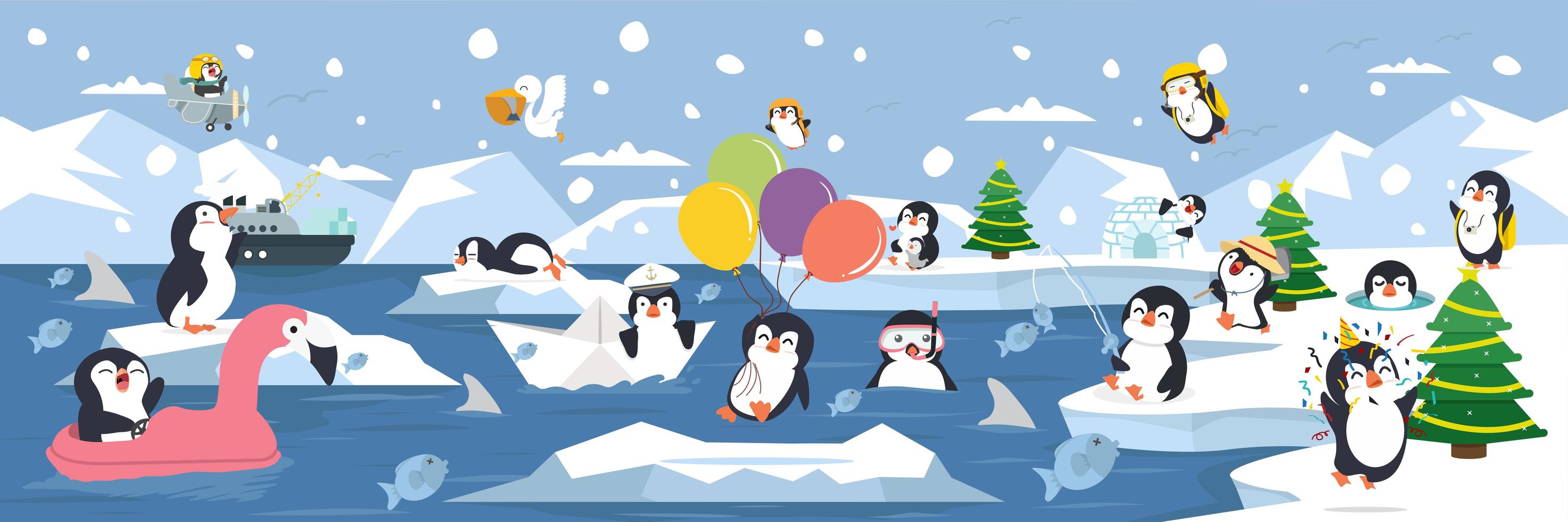 Penguin family having fun on the Artic landscape background