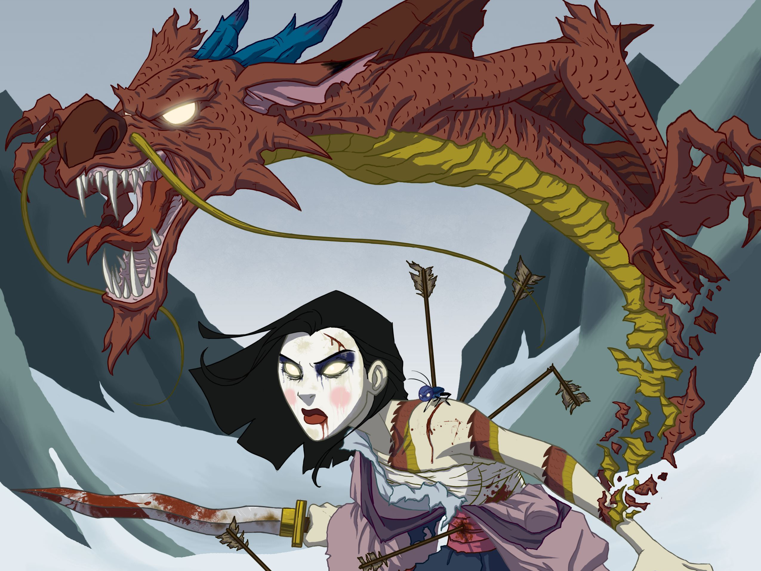A dramatic illustration of Mulan, wounded and defiant, battling a fearsome dragon amidst a snowy mountain landscape