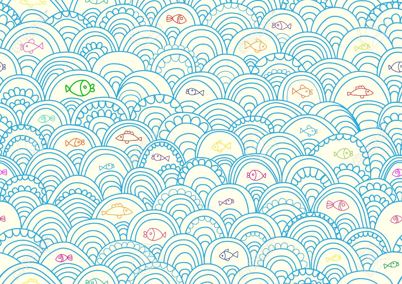 Abstract Hand Drawing Seamless Pattern With Fish And Waves Can Be