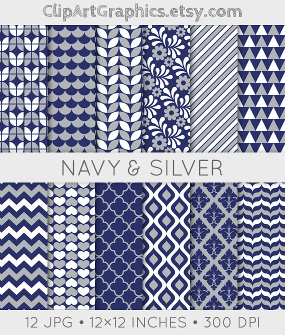 and Silver Digital Paper   Elegant Silver and Navy Blue Backgrounds