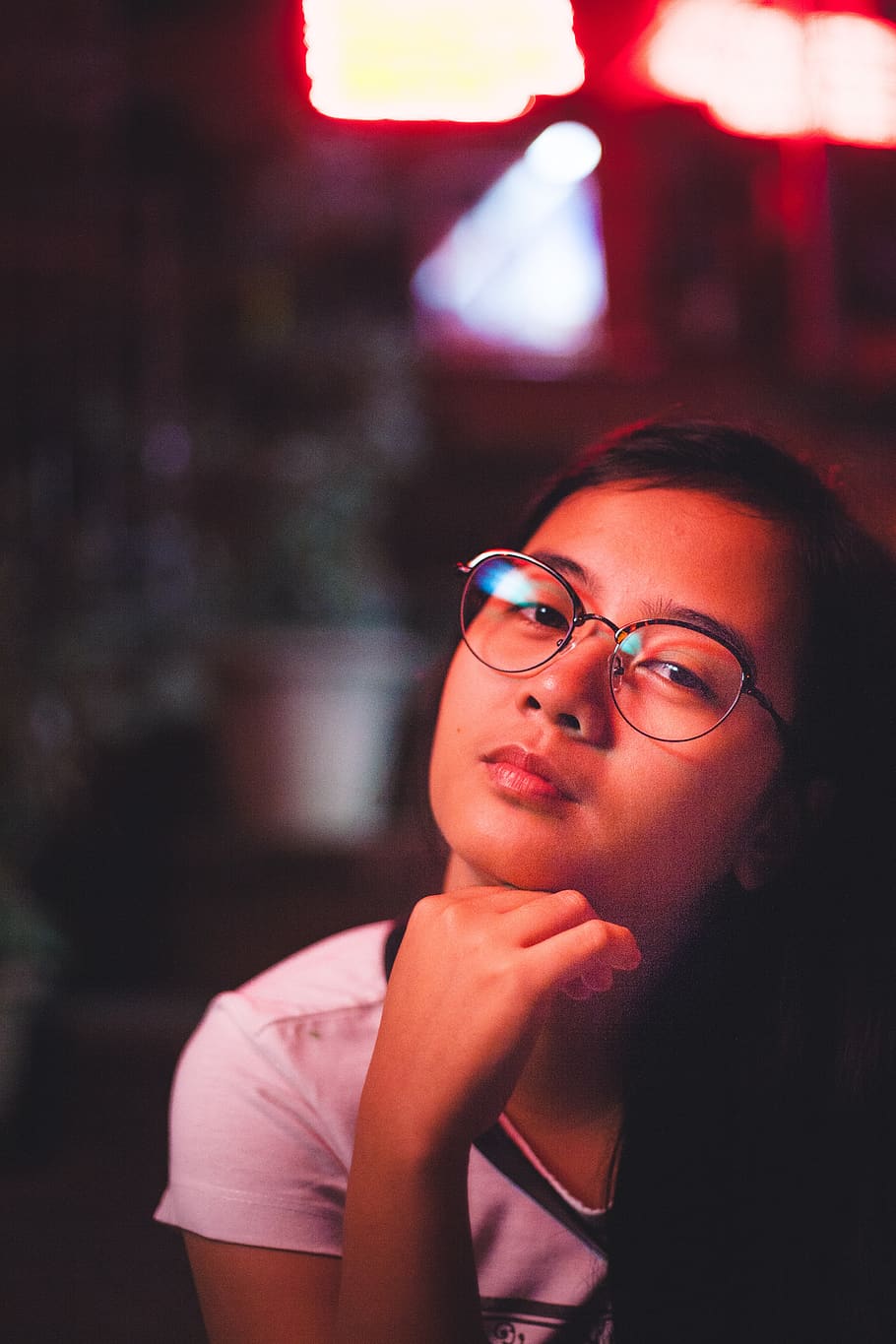 Girl Woman Portrait Filipino Lights Glasses Red