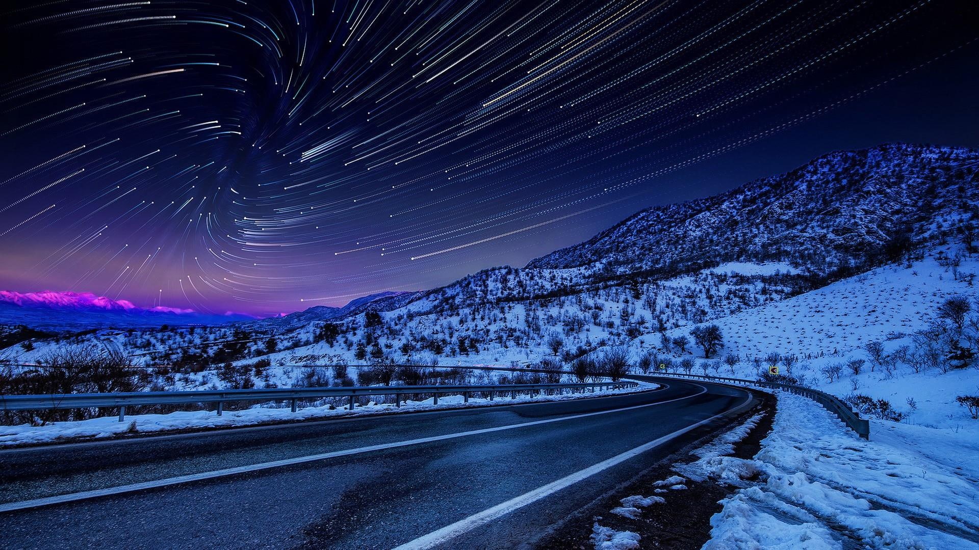 Mountain Range Starry Sky Night Winter Road Snow Star Trails Wallpaper