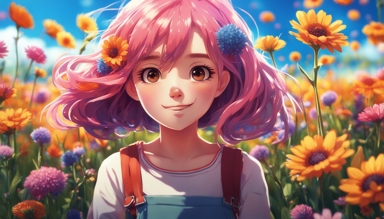 An Adorable And Whimsical Wallpaper Featuring A Cute Anime Girl Surrounded By Field Of Vibrant Flowers The Should Have Big Expressive Eyes Sweet Innocent Smile With Her Colorful Hair Gently Blowing In Breeze Overall Aesthetic Be Bright Cheerful Full Charm