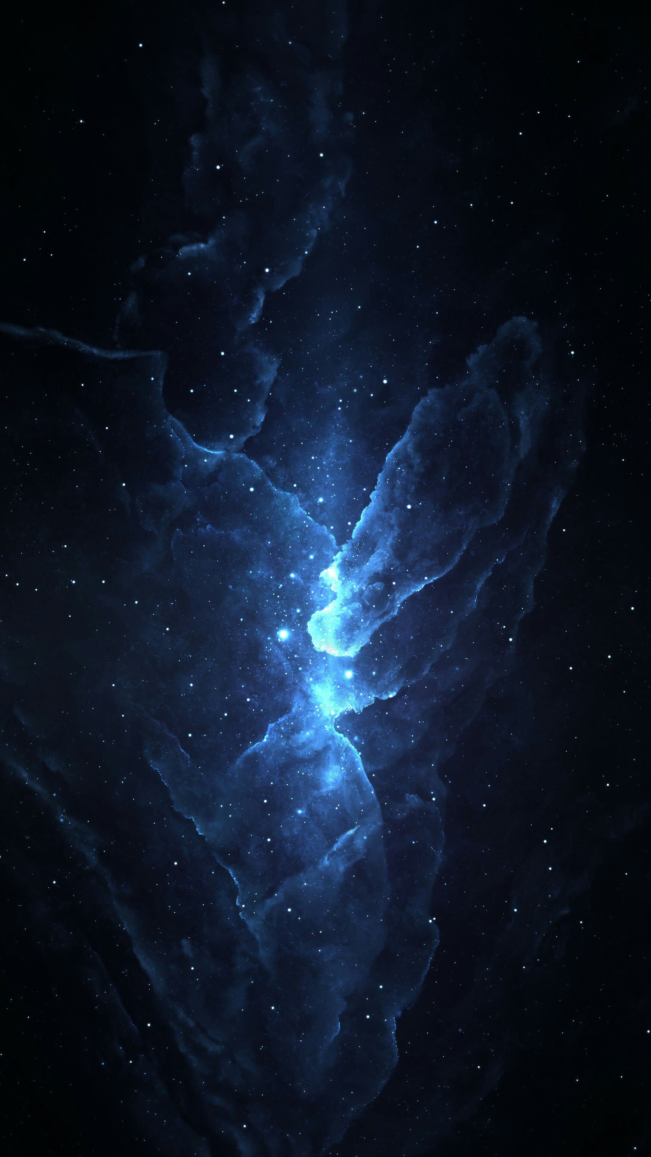 A cool phone wallpaper featuring a dark blue nebula with bright, glowing center and scattered stars