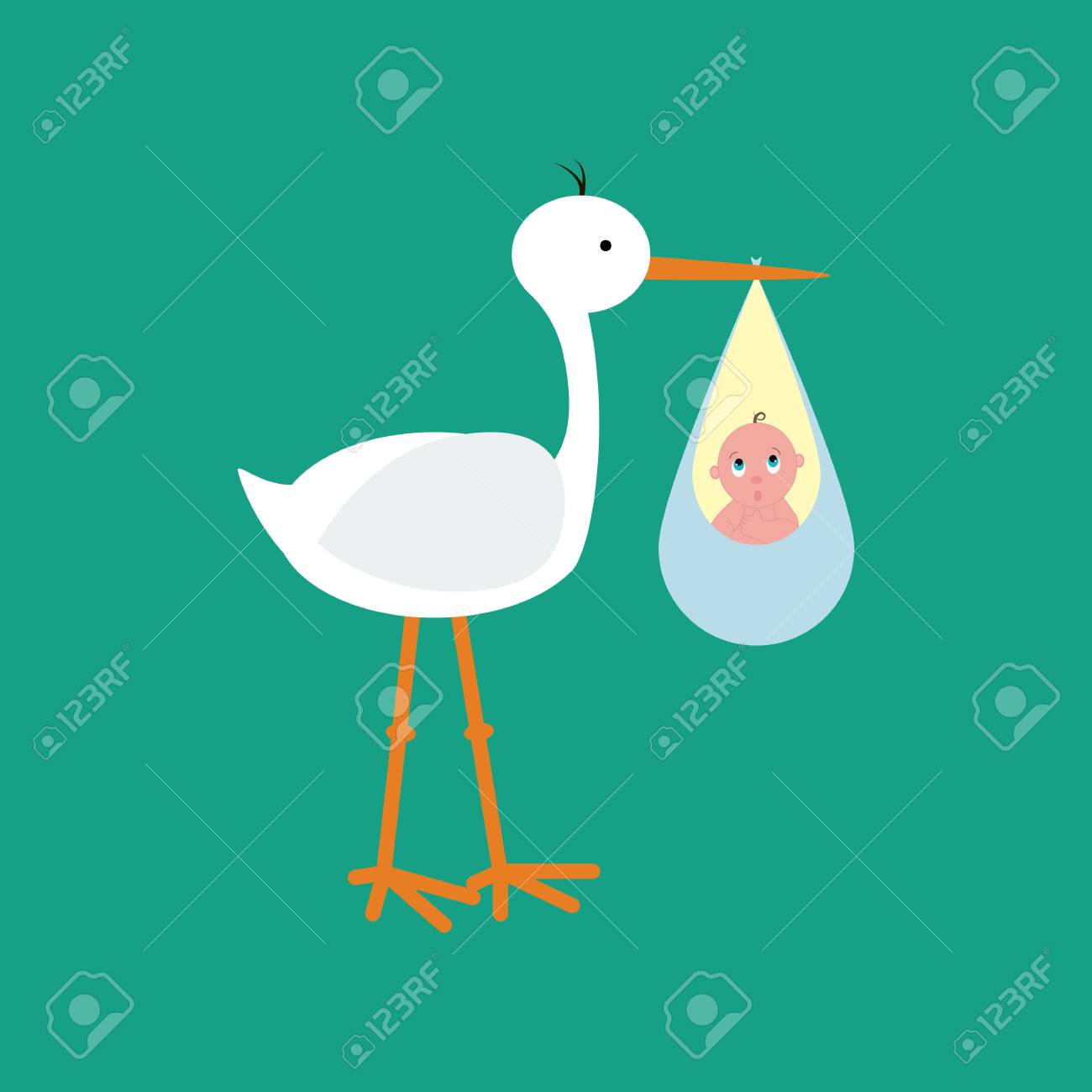 Stork Brought The Baby On Green Background Vector