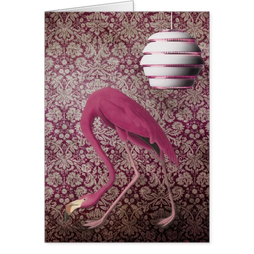 Pink Flamingo On Vintage Wallpaper Greeting Cards