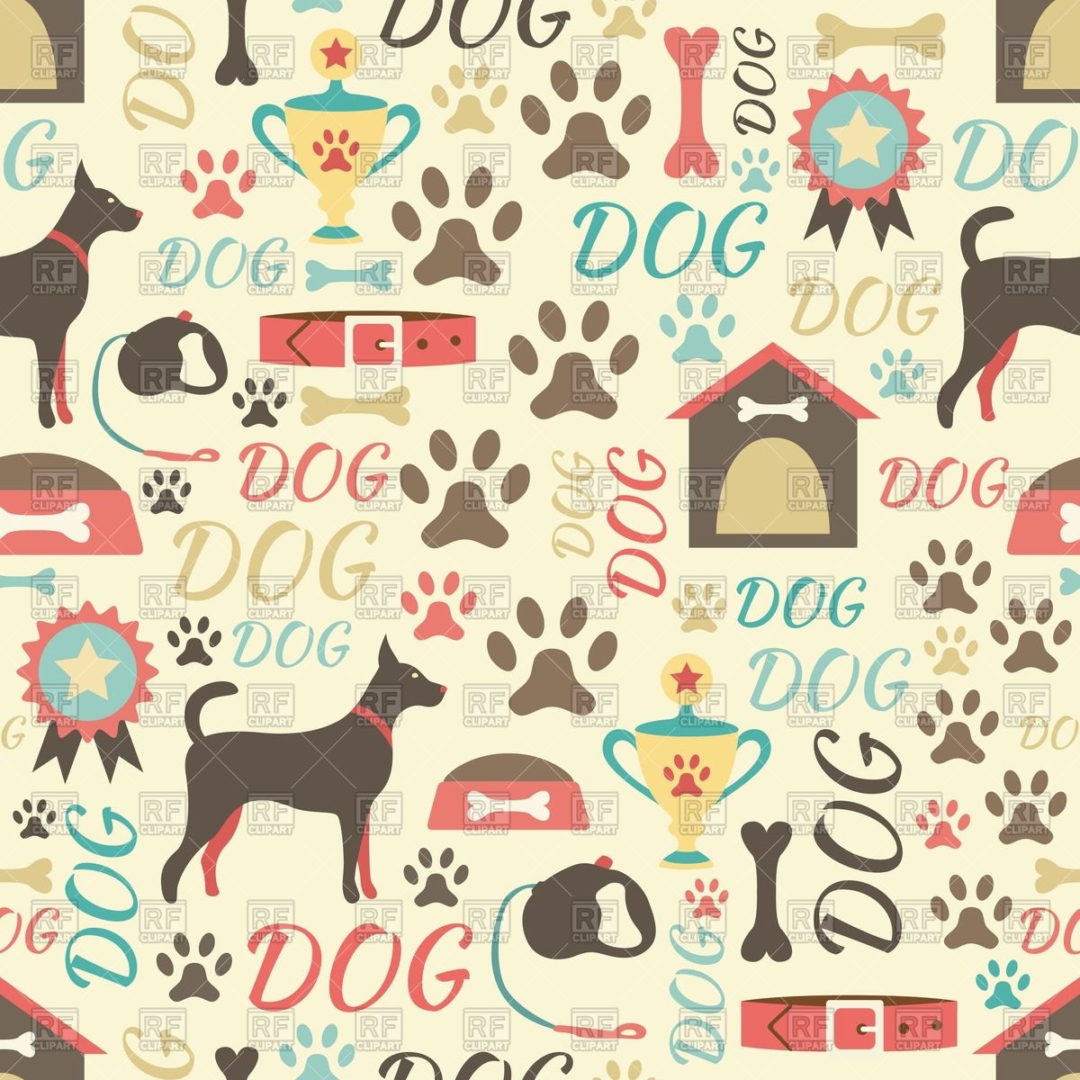 Retro Style Background With Dog Doghouse Collars Paw Prints