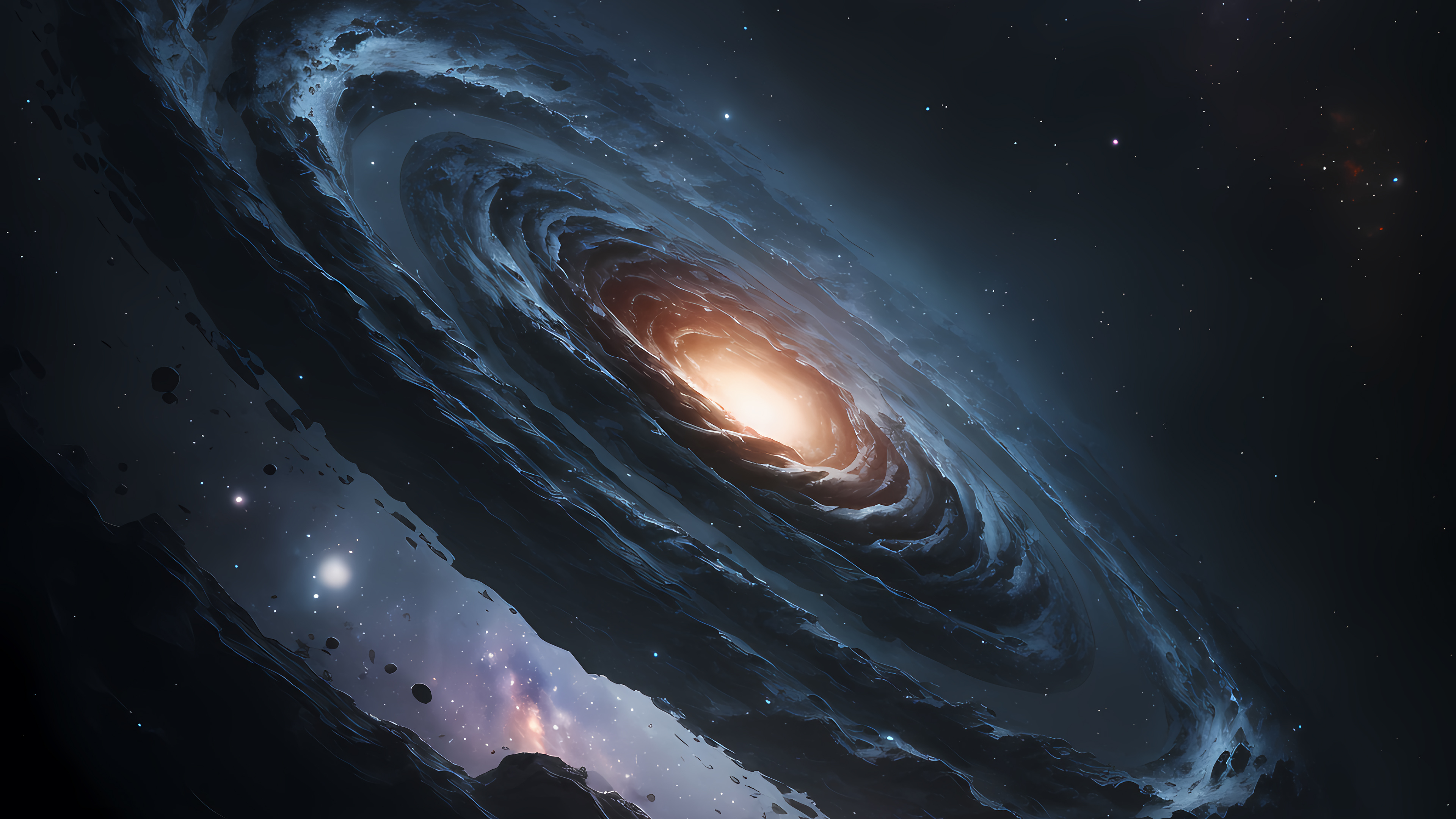 A breathtaking 4k wallpaper of a spiral galaxy, viewed from the edge of a planetary ring system