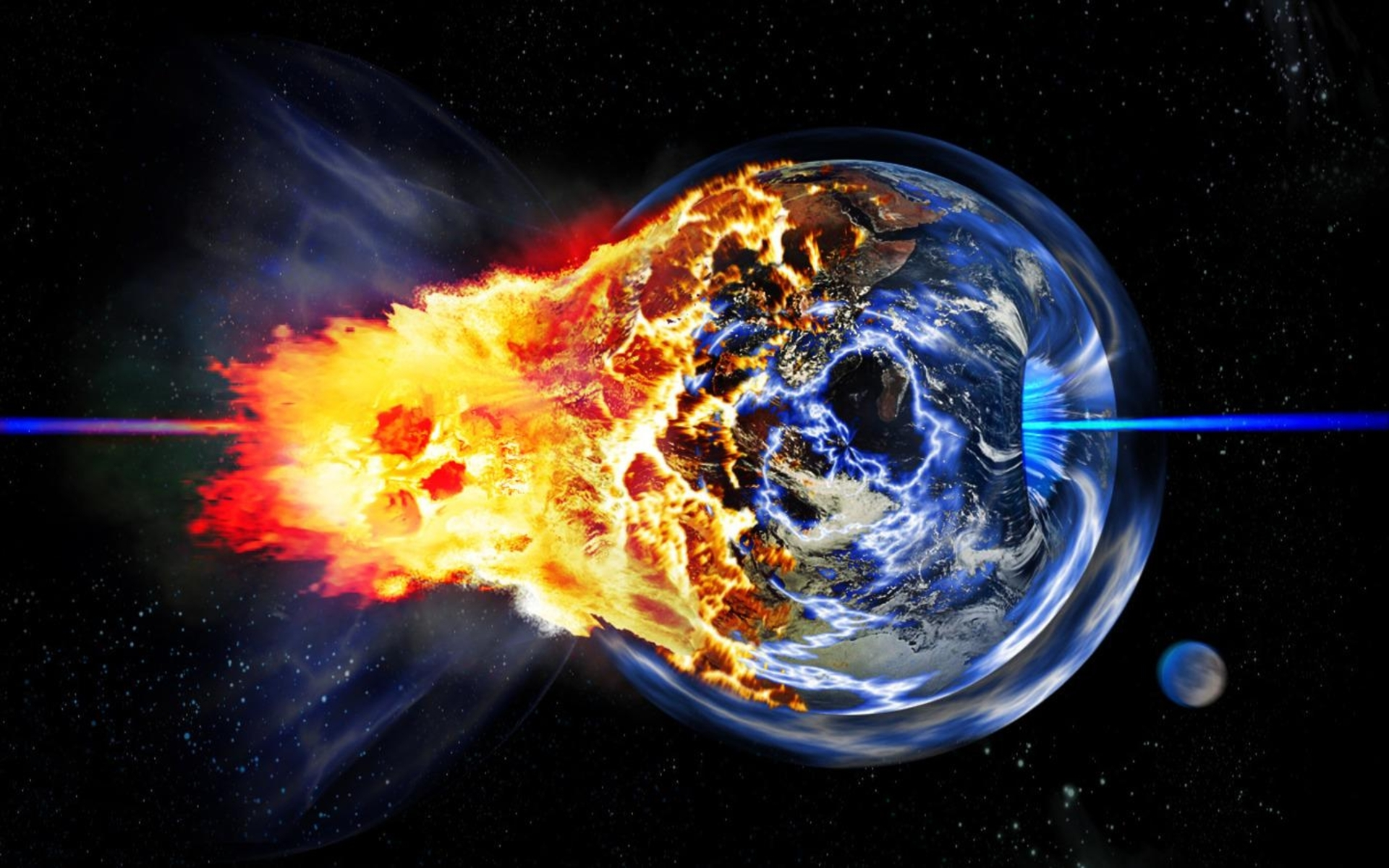 A dramatic digital art piece depicting Earth in space, partially engulfed in flames and emitting a blue energy beam, ideal for a cool PC wallpaper