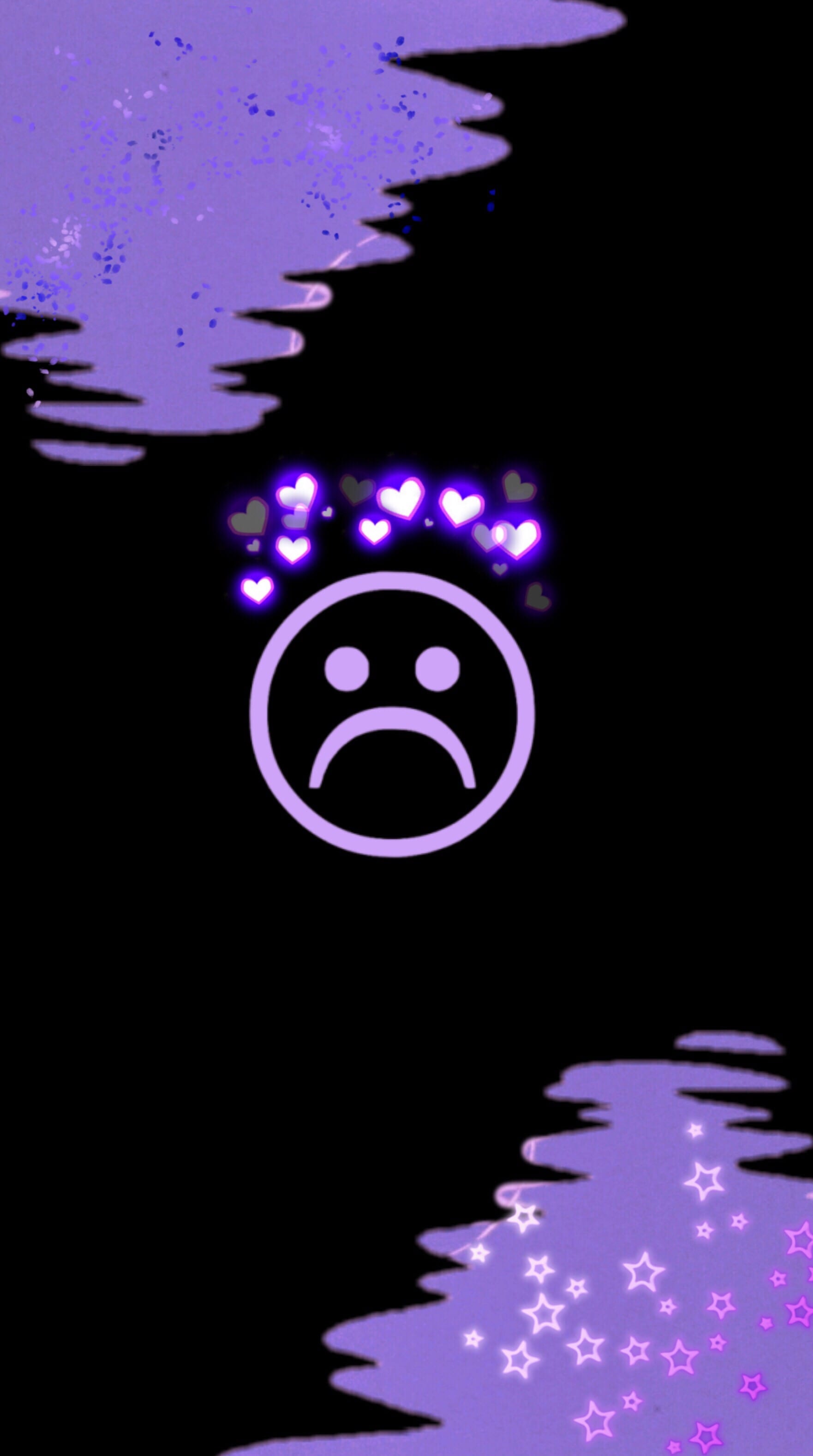 A sad face emoticon on a black background, surrounded by purple glowing hearts and stars, evoking feelings of loneliness and melancholy