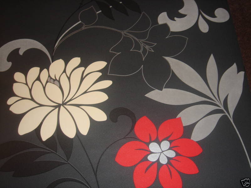 Bold Flower Wallpaper Black White Red And Silver