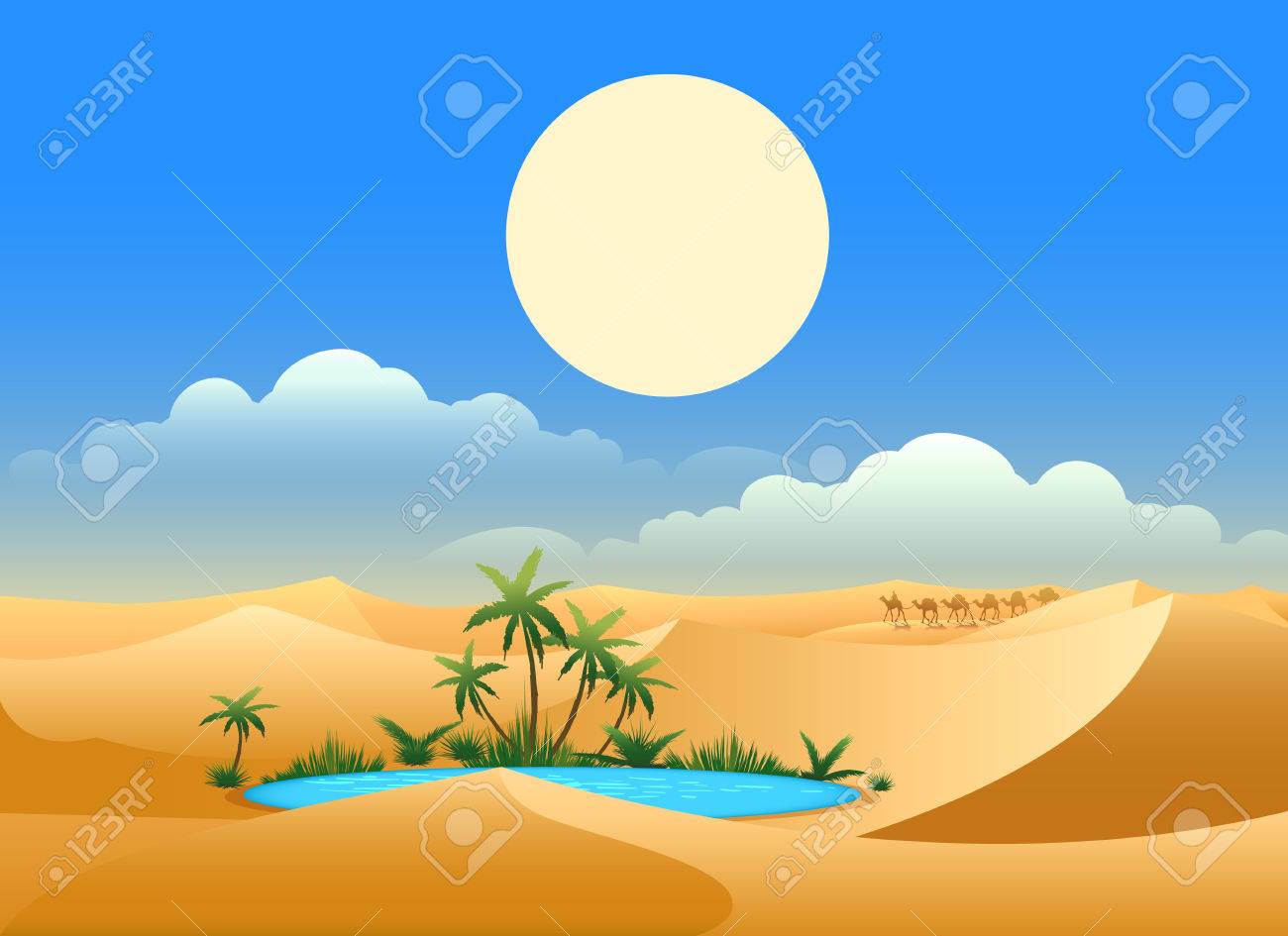 Desert Oasis Background Egypt Hot Dunes With Palm Trees Bedouin