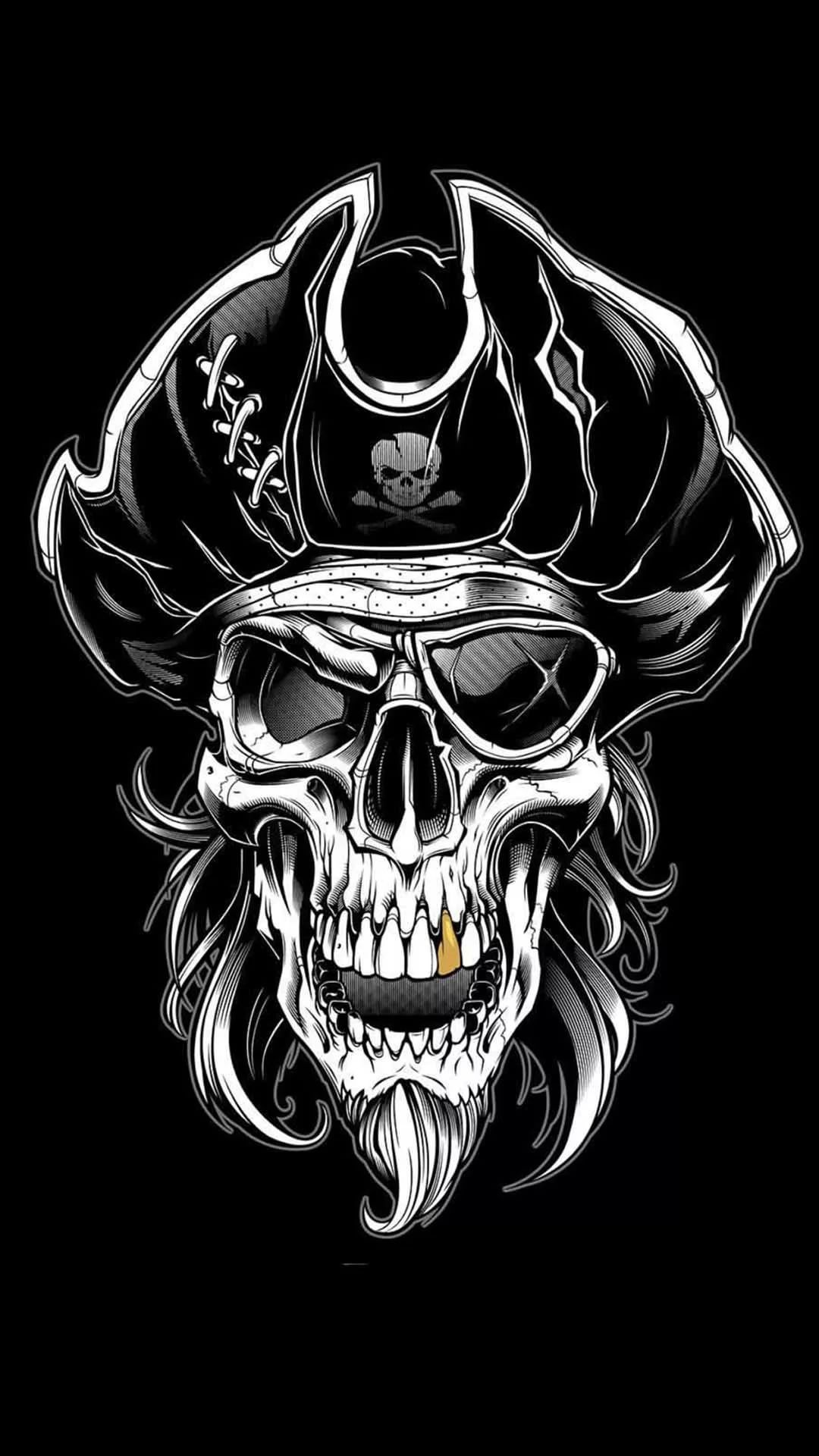 A striking illustration of a pirate skull wearing a tattered hat and eye patch, set against a black background. The skull's gold tooth and intricate details create a captivating image