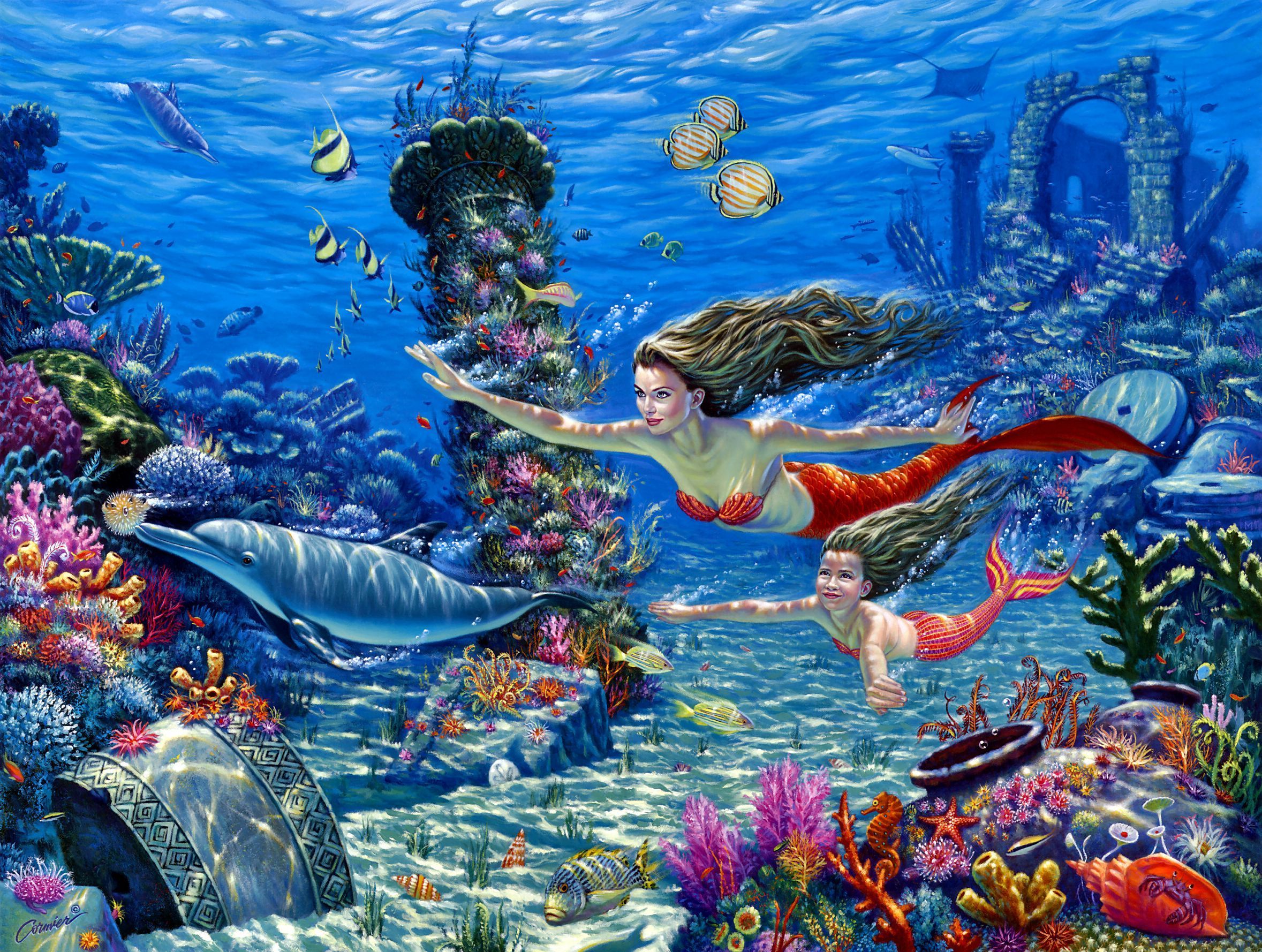 Fantasy Cg Digital Art Mermaid Ocean Fish Wallpaper Background