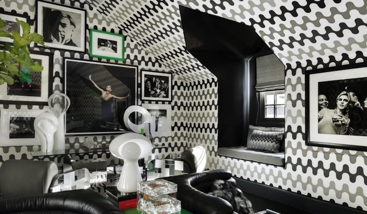 Black And Gray Geometric Wallpaper Contemporary Media Room Veranda