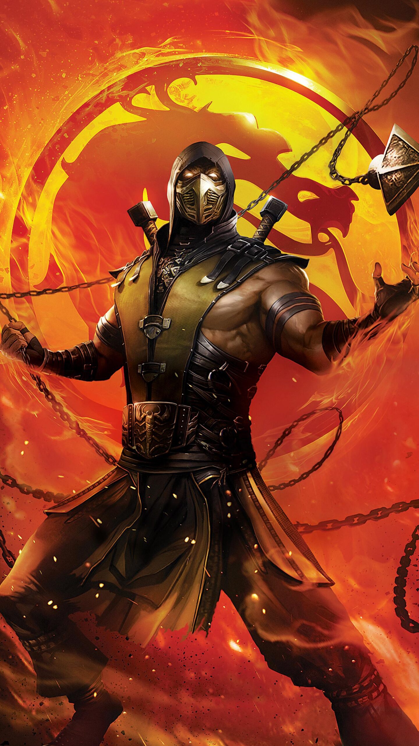 Scorpion from Mortal Kombat stands against a fiery backdrop with the Mortal Kombat logo, wielding chains and kunai