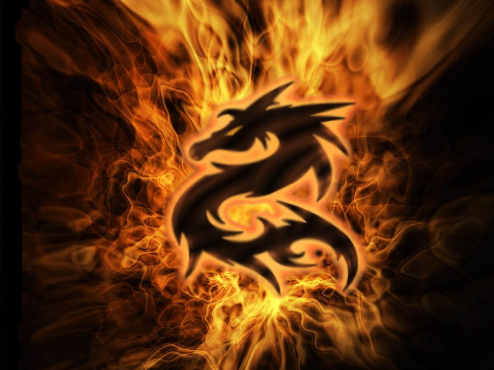 A fiery dragon silhouette against a backdrop of intense flames, embodying power and mystique