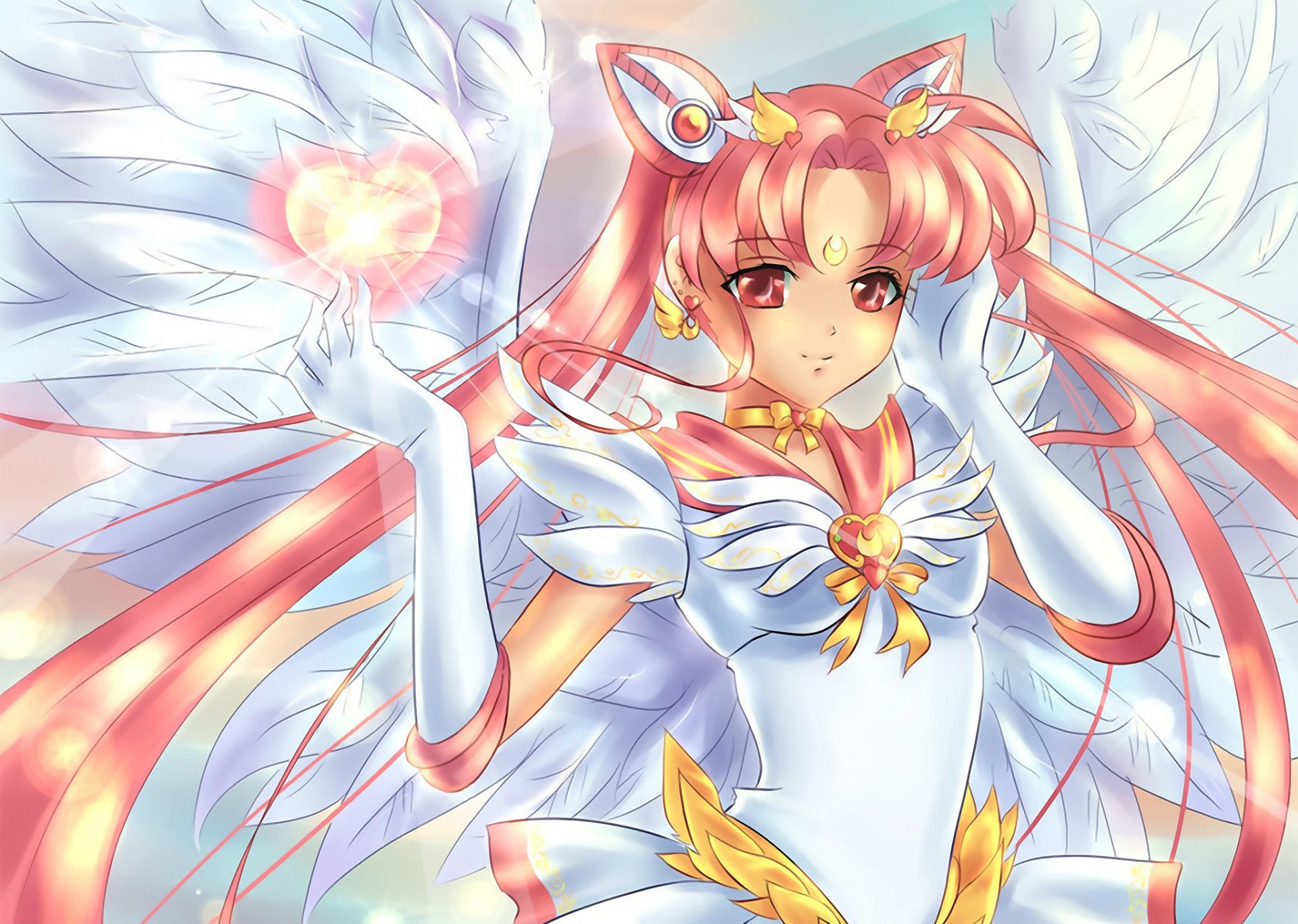 A vibrant illustration of Sailor Chibi Moon, a popular character from the Sailor Moon series, depicted with angelic wings and a glowing heart in her hand