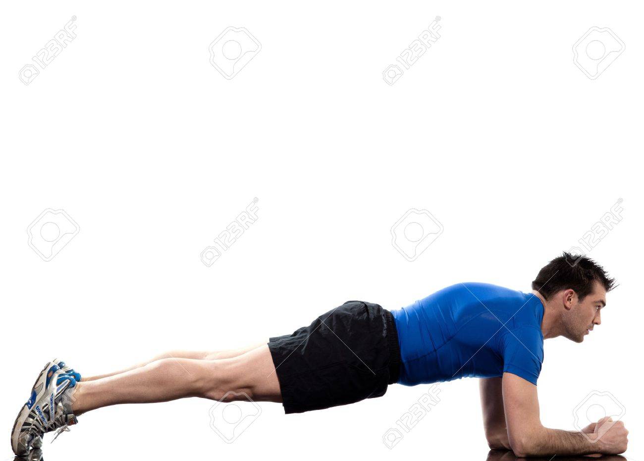 Man On Abdominals Workout Basic Plank Posture White Background