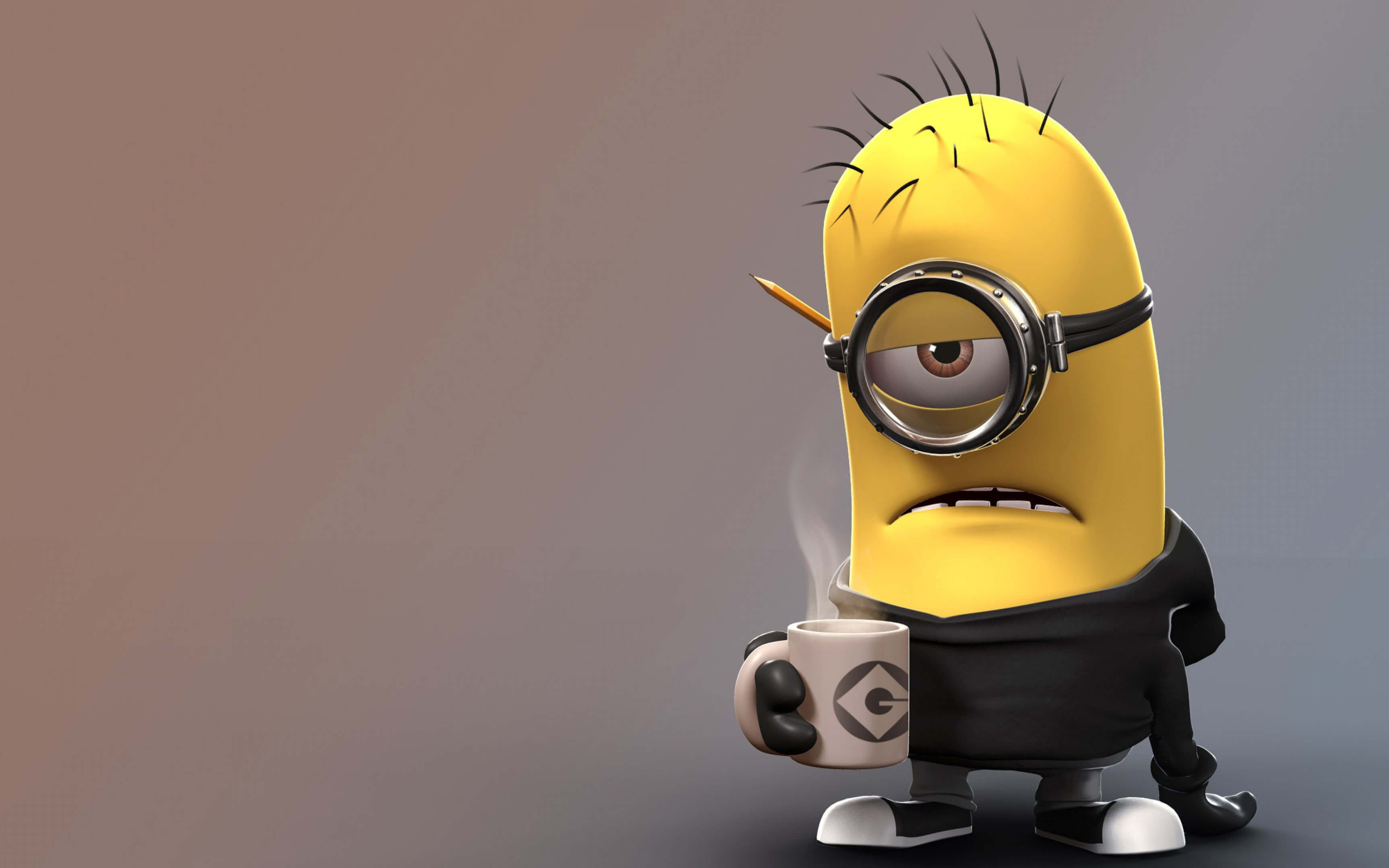 A tired minion from Despicable Me enjoys a cup of coffee