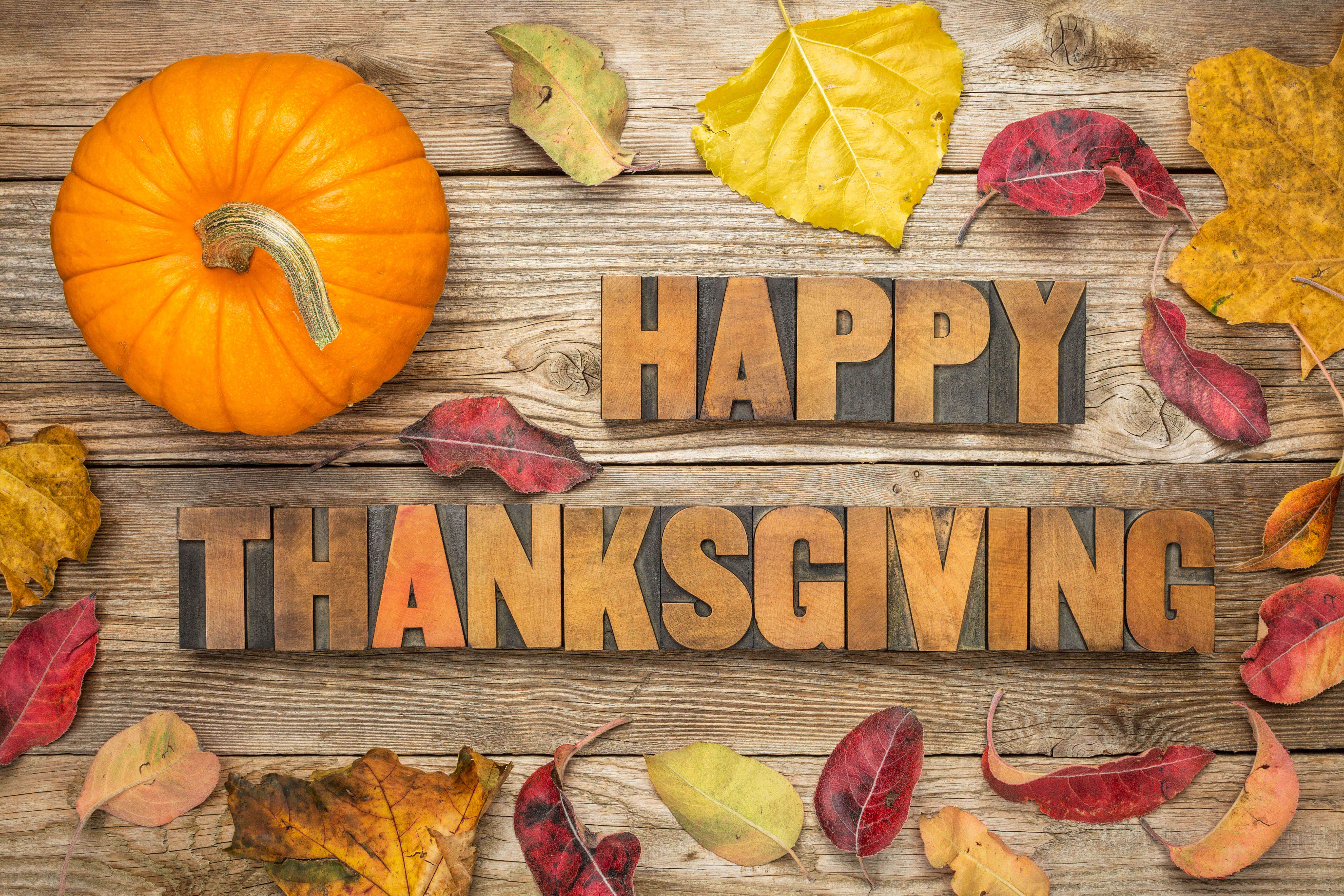 Happy Thanksgiving greeting with pumpkin and fall leaves on a rustic wood background