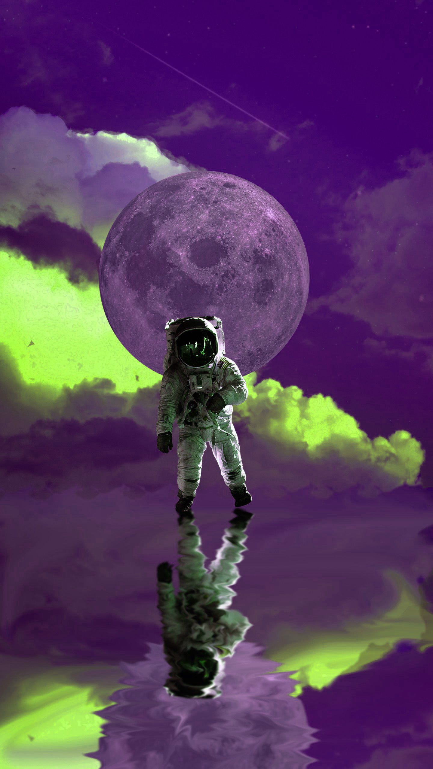 An Astronaut Walking at Space Moon Purple Green Wallpaper Duvar