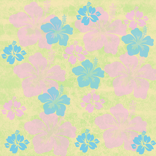 Pink Blue Tropical Hibiscus Flowers On A Yellow And Green Distressed