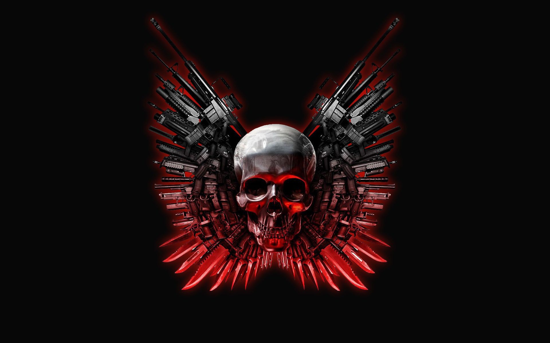 A menacing skull centerpiece, illuminated in red, with wings formed by an array of guns and knives. Perfect for a 'Cool Skull Wallpapers' gallery
