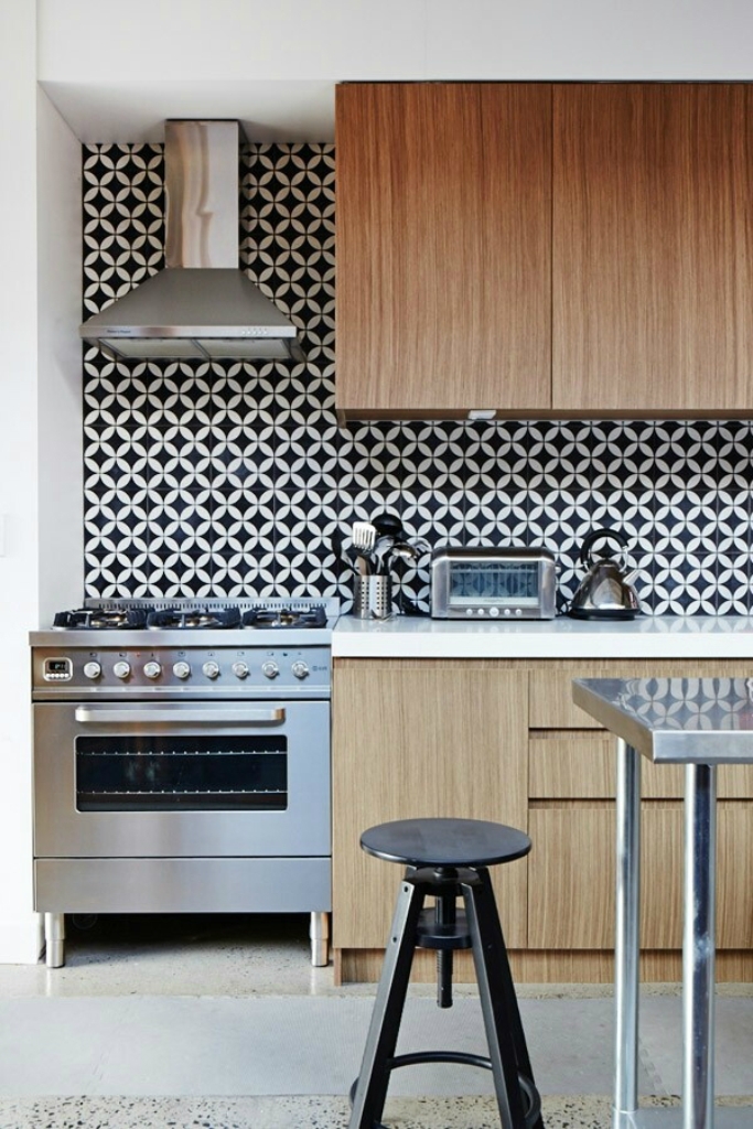 Modern Kitchen With Black And White Geometric Wallpaper